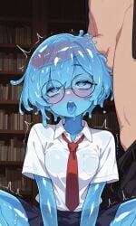 1boy 1girls ahe_gao ai_generated black_skirt blue_eyes brain_fuck glasses library mindfuck mouth_open necktie on_floor open_mouth penetration penis_in_head penis_visible_through_body red_necktie rolling_eyes round_glasses short_hair sitting skullfuck slime slime_girl tongue_out transparent_body trembling uniform white_shirt x-ray