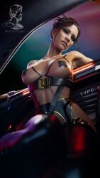 aristipstudio cyberpunk_2077 panam_palmer almost_naked car posing leather nipple_pasties breasts