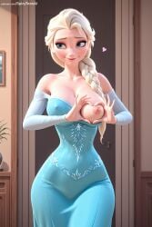 spicytoonai ai_generated patreon seductive sexy uncensored watermark hi_res high_quality high_resolution elsa_(frozen) disney breasts 1girl solo nipples patreon_username braid long_hair blue_eyes bare_shoulders web_address dress looking_at_viewer medium_breasts single_braid standing artist_name heart smile lips self_fondle breast_lift no_bra hair_over_shoulder blonde_hair indoors lactation