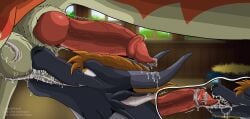 animal_genitalia avian ball_lick balls bodily_fluids cum cum_in_mouth cum_inside cum_on_face cum_on_snout cumshot dragon duo ejaculation european_mythology eyes_closed feral genital_fluids genitals gryphon hi_res knot knotted_penis licking male male/male maplegryph mythological_avian mythological_creature mythological_scalie mythology open_mouth oral penile penis penis_lick precum saliva saliva_string scalie sex sheath stable story story_in_description thraxal thraxal_(character) tongue western_dragon