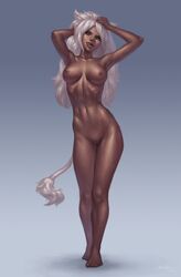 :p animal_ears anolea barefoot breasts commission contrapposto dark-skinned_female dark_skin female gradient gradient_background grey_background head_tilt high_orc_(monster_girl_encyclopedia) highres large_breasts long_hair monster_girl monster_girl_encyclopedia navel nipples nude pussy signature solo standing tail toned tongue tongue_out uncensored white_hair