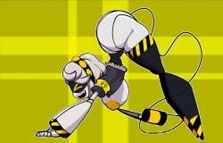 1girls breasts female female_focus female_only grey_hair murder_drones sharp_teeth smile smiling solo solo_female solo_focus tail tannicfer v_(murder_drones) yellow_background yellow_eyes