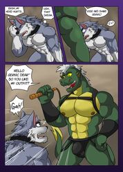 abs anthro armor bdsm_gear bob_(vju79) bracers bulge canid canine canis captive_(vju79) captive_(vju79):_part_i clothed clothing collar comic dragon duo english_text fur genitals gervic_(vju79) green_body green_scales greeting grey_body grey_fur hair harness headache heterochromia leather_daddy male male/male mammal mostly_nude muscular muscular_male nipples nude page_25 pecs penis scales scalie skimpy startled surprise tail_tuft text tuft underwear vju79 whip white_hair wingless_dragon wolf yellow_sclera