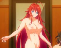 1boy blue_eyes breasts detailed_background high_school_dxd high_school_dxd_hero large_breasts male nipples red_hair rias_gremory screencap tagme