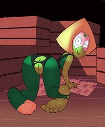 1girls anus ass badrainbow blush cartoon_network facing_viewer feet female female_only gem_(species) green_skin looking_back peridot_(steven_universe) pussy soles solo steven_universe toes torn_clothes visor wooden_floor