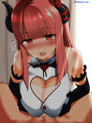 1boy artist_name bangs bare_shoulders black_gloves blunt_bangs blush breast_squeeze breasts breath cleavage cleavage_cutout clothed_female_nude_male demon_girl demon_horns elbow_gloves eve.ch eve_valerne eyebrows_visible_through_hair female gloves heart heart_cutout highres horns large_breasts light_rays looking_at_viewer nose_blush nude open_mouth paizuri paizuri_under_clothes pov see-through shirt sleeveless sleeveless_shirt smile solo_focus succubus tomato_rice virtual_youtuber