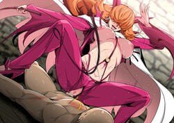 areolae bald blush breasts breasts_out cape censored clothed_female_nude_male cowgirl_position crotchless earrings feet female femdom groin gureko_rouman hair_over_eyes happy happy_sex highres holding indoors large_breasts legs lips lipstick long_hair male mosaic_censoring navel nipples one_piece open_mouth orange_hair penis pink_clothes pink_lips pussy sadi-chan sadi_(one_piece) sex sitting sitting_on_person solo_focus sweat thighs vaginal_penetration whip whipping white_cape wide_sleeves