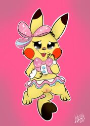 1girls 2018 3_toes belly big_ears black_eyes black_fur blush bow cleft_tail clitoris clothed clothing cosplay cosplay_pikachu eyelashes feet female female_only feral fur furry half-closed_eyes kippkatt long_ears looking_at_viewer midriff nintendo no_panties open_mouth paws pikachu pikachu_pop_star pink_background pokémon_(species) pokemon pokemon_oras pokemon_rgby presenting presenting_pussy pussy ribbon rodent shirt skirt smile solo spread_legs spreading standing tail teeth text tongue video_games watermark white_border yellow_fur