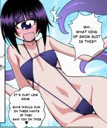 blush cyclops embarrassed embarrassing_outfit manako monster_girl monster_musume_no_iru_nichijou petite sling_bikini small_breasts swimsuit