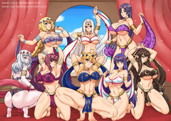 8girls abs armpits artoria_pendragon artoria_pendragon_(lancer) ass belly_dancer bra breasts carmilla_(fate) fate/apocrypha fate/grand_order fate/zero fate_(series) feet female_only huge_ass huge_breasts irisviel_von_einzbern jeanne_d'arc_(fate) large_breasts loincloth midriff minamoto_no_raikou_(fate) multiple_girls rud-k saint_martha scathach_(fate) semiramis_(fate) spread_legs text thick_thighs toes underboob url watermark wide_hips