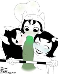 1boy 2018 3girls big_penis bikupan black_eyes black_hair black_lips blush breasts cleavage collaborative_fellatio dog_ears empty_eyes fangs fellatio green_penis green_skin hat homestuck horns huge_penis jade_harley long_penis looking_at_viewer looking_down ms_paint_adventures multiple_girls nepeta_leijon oral partially_colored penis sharp_teeth smile straight teamwork terezi_pyrope text thick_penis troll veins veiny_penis watermark white_background white_skin