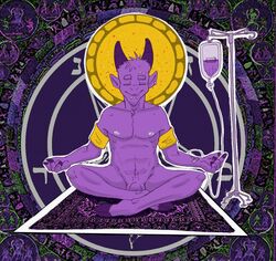 closed_eyes cross-legged flaccid goat hooves horns intravenous_drip inverted_pentagram lotus_position male male_only meditating meditation nude penis pentagram purple_body satyr sitting solo solo_male tagme trollingas