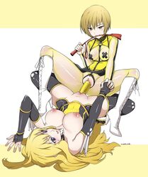 2girls alternate_costume atlus blazblue:_cross_tag_battle blonde blonde_female blonde_hair blue_eyes breasts bridal_gauntlets brown_hair brown_hair_female crossover dildo dominatrix dominatrix_outfit double_dildo double_ended_dildo double_penetration eastern_and_western_character eudetenis exposed exposed_breasts exposed_pussy female female/female female_focus female_on_top female_only handholding hi_res high_heel_boots high_heels highres holding_breast holding_riding_crop large_breasts laying_down light-skinned_female light_skin long_hair megami_tensei multiple_girls nipples open_mouth pantyhose pasties persona persona_4 riding_crop rwby satonaka_chie see-through see-through_pantyhose see-through_shirt sega sex sex_toy shirt short_hair short_hair_female yang_xiao_long yellow_eyes yellow_shirt yuri