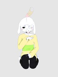 2boys asriel_dreemurr black_eyes blush bulge cock-atrice cum cum_in_mouth cum_on_face cum_on_hand cum_on_tongue disembodied_penis erection facial fangs feet fully_clothed furry gay goat grey_background hand_in_pants human interspecies kneeling long_ears looking_at_viewer male male_only one_eye_closed pants paws penis shirt teeth tumblr undertale veins veiny_penis yaoi