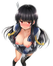 arm_under_breasts asymmetrical_legwear black_hair blush breasts breasts_out cleavage closed_mouth collarbone female gloves grey_skirt isokaze_(kantai_collection) kantai_collection large_breasts long_hair long_sleeves looking_at_viewer nipples open_clothes open_shirt pleated_skirt red_eyes remodel_(kantai_collection) school_uniform serafuku shinozuka_jouji simple_background skirt smile solo striped striped_skirt white_background white_gloves