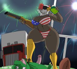 2018 4th_of_july alcohol american_eagle american_flag american_flag_bikini avian bald_eagle ball beak beer beverage bikini bird breasts cleavage clothed clothing domination double-barreled_shotgun drinking drunk duo eagle erection eyewear female female_focus femdom firearm fireworks football_(ball) gun hi_res holidays humanoid_penis lizard male non-mammal_breasts original original_character penis plaga ranged_weapon reptile scalie shotgun signature standing straight sunglasses swimsuit thick_thighs thighs truck vehicle weapon wide_hips