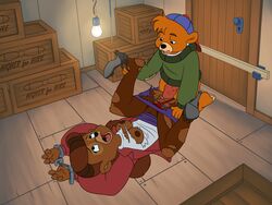 anthro anvil_position bear breasts clothing disney duo erection female forced handcuffs hi_res kit_cloudkicker legs_up looking_down looking_up lying male mammal mother nipples on_back panties parent penetration penis rape rebecca_cunningham sex shackles straight talespin vaginal_penetration young