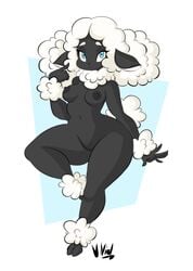 2018 anthro areola black_skin blue_eyes breasts caprine dullvivid female fluffernubber fluffy_hair full-length_portrait fur furry furry_only hair hi_res hooves looking_at_viewer mammal midriff navel nipples nude on_one_leg portrait pussy sheep signature solo standing thick_thighs white_hair wide_hips