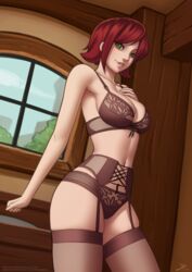 1girls bra breasts cleavage clenched_hand deilan12 dutch_angle female garter_belt garter_straps green_eyes indoors looking_at_viewer navel original panties red_hair short_hair skindentation smile solo thighhighs underwear underwear_only