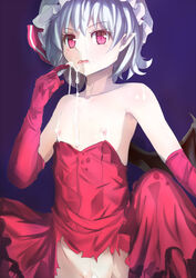 armpits bare_shoulders blue_hair breasts culter cum cum_on_breasts cum_on_lower_body dress elbow_gloves eyebrows_visible_through_hair facial female flat_chest gloves hand_up hat highres licking nipples no_bra no_panties pointy_ears pussy red_dress red_eyes red_gloves remilia_scarlet solo strapless tongue tongue_out torn_clothes touhou wings