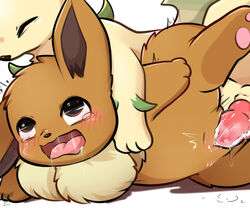 1boy 1girls 3_toes ahe_gao big_ears blush brown_eyes brown_fur brown_nose canine canine_penis chest_tuft closed_eyes cum cum_in_pussy cum_inside cute drooling eevee eeveelution erection feet female feral floppy_ears flora_fauna fur furry green_fur heavy_breathing holding huff hybrid impregnation interspecies knot leaf leafeon leg_up long_ears looking_up male minhpupu motion_lines nintendo no_nipples nude on_side open_mouth pawpads paws penetration penis pink_pawpads plant pokemon pokemon_(species) pokemon_dppt pokemon_rgby pussy_juice rolling_eyes saliva sex shadow spread_legs spreading straight tan_fur tears toes tongue trembling tuft vaginal_penetration video_games watermark wet white_background white_fur yellow_fur