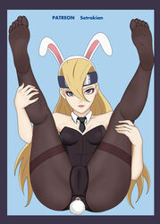 1girls black_legwear blonde_hair blue_eyes boruto:_naruto_next_generations bunny_ears bunny_tail bunnysuit buttplug buttplug_tail feet female headband legs_up long_hair looking_at_viewer naruto ninja pantyhose presenting setrakian solo spread_legs thighs tie yodo