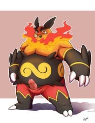 2022 absurd_res anthro belly biped black_body danipika emboar erection fire genitals hi_res humanoid_genitalia humanoid_penis male male_only nintendo orange_body overweight overweight_male penis pokémon_(species) pokemon simple_background solo video_games