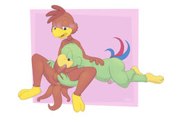 anthro anus ass avian ball_fondling balls bird blush chicken disney duo erection feathers fellatio fondling gay half-closed_eyes heddy jose_carioca looking_pleasured lying male male_only navel nude on_front open_mouth oral panchito_pistoles parrot penis sex simple_background sitting slightly_chubby spreading testicles the_three_caballeros tongue tongue_out yaoi