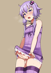 1futa blush cevio color dress futa_only futanari hair_ornament highres intersex large_penis open_mouth penis precum purple_eyes purple_hair purple_legwear satou_(su9arsatou) short_hair_with_long_locks solo strapless strapless_dress sweat thighhighs tube_dress vocaloid voiceroid yuzuki_yukari