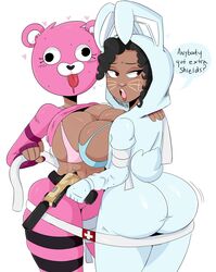 2girls ass asymmetrical_docking big_ass big_breasts bra breast_press breast_squish bubble_ass bunny_brawler bunny_costume bunnysuit bursting_breasts cotton_tail cuddle_team_leader curvy dark-skinned_female dark_skin female_only females_only fluffy_tail fortnite huge_breasts jinu large_ass luna_(fortnite) simple_background tan text thick thick_thighs wide_hips