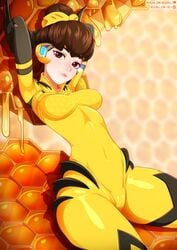 1girls b.va bee bee_costume bee_girl blizzard_entertainment breasts brown_eyes brown_hair cameltoe d.va female female_only honey human neocoill overwatch patreon_username solo