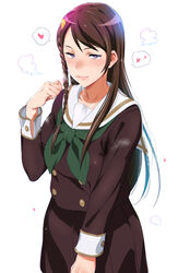 after_fellatio blush bow braid breasts brown_hair closed_mouth clothing cum cum_in_mouth cum_string embarrassed female heart heart-shaped_pupils hibike!_euphonium highres iku_(ikuchan_kaoru) licking licking_lips lips long_hair looking_at_viewer naughty_face purple_eyes school_uniform simple_background single_braid skirt solo souga_yoriko standing stray_pubic_hair sweat sweat_stain sweatdrop white_background