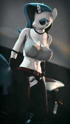 2018 3d anthro anthrofied bike_(disambiguation) breasts clare_(artist) clothed clothing collar crop_top equine fan_character female friendship_is_magic gloves hand_on_hip hi_res horn legwear lipstick looking_away makeup mammal motorcycle my_little_pony naughty_face no_underwear open_pants partially_clothed pussy shirt skimpy source_filmmaker standing unicorn vehicle