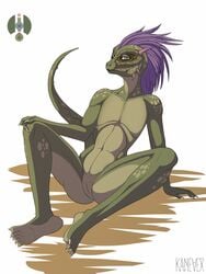 2018 5_fingers anthro argonian bedroom_eyes female fur green_fur half-closed_eyes happy kanevex naughty_face pussy scalie seductive simple_background smile solo the_elder_scrolls video_games white_background