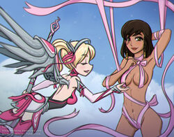 alternate_costume blizzard_entertainment duo female_only mercy multiple_females overwatch pharah pink_mercy ribbon stickyscribbles tumblr_username