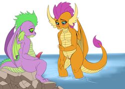 2018 animal_genitalia anthro beach blue_eyes blush dragon duo erection exelzior female friendship_is_magic green_eyes horn male membranous_wings my_little_pony nude outside penis pussy scalie seaside smolder_(mlp) smooth_skin spike_(mlp) tapering_penis water wings