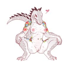 2018 alligator anthro breasts claws crocodilian female flower heart navel nipples non-mammal_breasts nude pink_claws plant presenting pussy red_sclera reptile scales scalie solo spread_legs spreading tattoo teeth tentabulge_(artist)