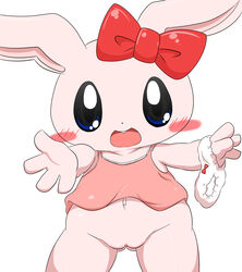 2018 blush bottomless clothed clothing ear_bow female lagomorph mammal navel open_mouth panties pussy rabbit simple_background solo tatwuyan underwear white_background