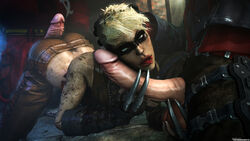 1girls 3d absurdres all_fours anarky anarky_(arkham_origins) anarky_(dc) ass ball_fondling balls bare_shoulders batman:_arkham_knight batman:_arkham_origins batman_(series) bent_over big_penis blonde_hair butt buttjob camouflage claws copperhead copperhead_(arkham_origins) copperhead_(dc) dc dc_comics erection female fondling grey_eyes hair highres jason_todd larissa_diaz lonnie_machin looking_at_viewer male multiple_boys nose pants penis red_hood_(dc) reptilian rocksteady_studios short_hair snake_tongue source_filmmaker tattoo testicles the_firebrand threesome tongue tongue_out