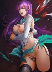 black_legwear black_panties blue_eyes breasts clothing dantewontdie female highschool_of_the_dead katana long_hair nipples open_mouth purple_hair pussy pussy_juice saeko_busujima school_uniform sweat thighhighs torn_clothes torn_panties weapon