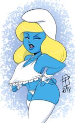 blue_skin callmepo female hanna-barbera lace_panties lingerie smurfette solo the_smurfs white_gloves white_hat white_stockings winking yellow_hair