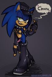 2010 anthro armwear balls bondage boots clothing collar dialogue elbow_gloves erection fingerless_gloves footwear gloves green_eyes grin half-closed_eyes harness hat heart hedgehog high_heels inviting january leather male male_only mammal monsterdongles penis pose shoes simple_background smile solo sonic_(series) sonic_the_hedgehog sonic_the_hedgehog_(series) spikes standing tapering_penis tongue tongue_out