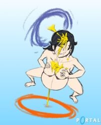 1girls breasts chell dark_hair edited female nude peeing portal_(object) portal_(series) pregnant smile squatting squeezing squeezing_breast urination urine urine_on_face urine_on_self urine_soaked urine_stream watersports