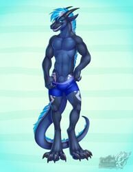 2018 animal_genitalia anthro blue_eyes blue_hair claws clothing digital_media_(artwork) dragon earthstorm fur furred_dragon hair hi_res horn looking_at_viewer male male_only sheath simple_background smile solo tattoo teeth two_tone vallhund