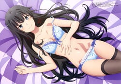 1girls arm_on_stomach arms_up artist_request bed blush bra cameltoe cleavage female female_only laying_on_bed legs_together long_hair my_teen_romantic_comedy_snafu panties presenting smile solo stockings tagme underwear yukinoshita_yukino