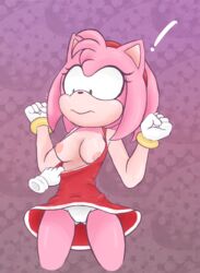 ! absurd_res amy_rose anthro bracelet breasts cameltoe clothing disembodied_hand dress eulipotyphlan exposed_breasts female female_only gloves green_eyes hairband hedgehog hi_res jewelry looking_down mammal nipples panties pattern_background pink_fur pink_hair sega shirt_pull signature simple_background solo_focus sonic_(series) surprise underwear versiple video_games