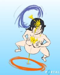 breasts chell dark_hair edited female nude peeing portal_(object) portal_(series) pregnant smile squatting urination urine urine_stream