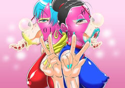 2girls :>= air_fellatio alternate_version_available bare_shoulders big_breasts big_lips bimbo black_eyes black_hair blue_hair blue_lipstick blush bulma_briefs chichi china_dress cum cum_bubble cum_in_mouth cum_on_tongue cumdrip dragon_ball dragon_ball_z duo ear_piercing earrings erect_nipple erect_nipples eyelashes eyeshadow fellatio female female_only front_view gesture hair_bun heart hoop_earrings human licking lipstick lipstick_mark long_tongue looking_at_viewer makeup mask mature milf mother multiple_females multiple_girls nail_polish nipple_bulge nose_hook open_mouth piercing runny_makeup shiny shiny_skin short_hair sideboob simple_background sweat thick_lips tied_hair tongue_out v yellow_lipstick zxcv