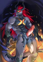 abs action_pose animal_genitalia anthro batzz_(buddyfight) biceps big_penis black_scales claws dragon erection full-length_portrait genital_slit glowing glowing_eyes grey_scales hair hi_res horn humanoid_penis long_hair long_tail male male_only muscular muscular_male pecs penis portrait pose precum red_hair scales simple_background slit solo standing unknown_artist