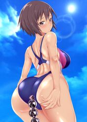 1girls anal anal_beads anal_object_insertion anus ass ass_grab azumanga_daiou bare_shoulders blue_sky blue_swimsuit blush breasts brown_eyes brown_hair cloud competition_swimsuit female from_behind grabbing_own_ass highres kagura_(azumanga_daiou) large_breasts lens_flare looking_at_viewer looking_back object_insertion one-piece_swimsuit one-piece_tan open_mouth shiny shiny_hair shiny_skin short_hair shoulder_blades sky solo standing sun swimsuit tail tan tanline torn_clothes torn_swimsuit wantsupanchi!!